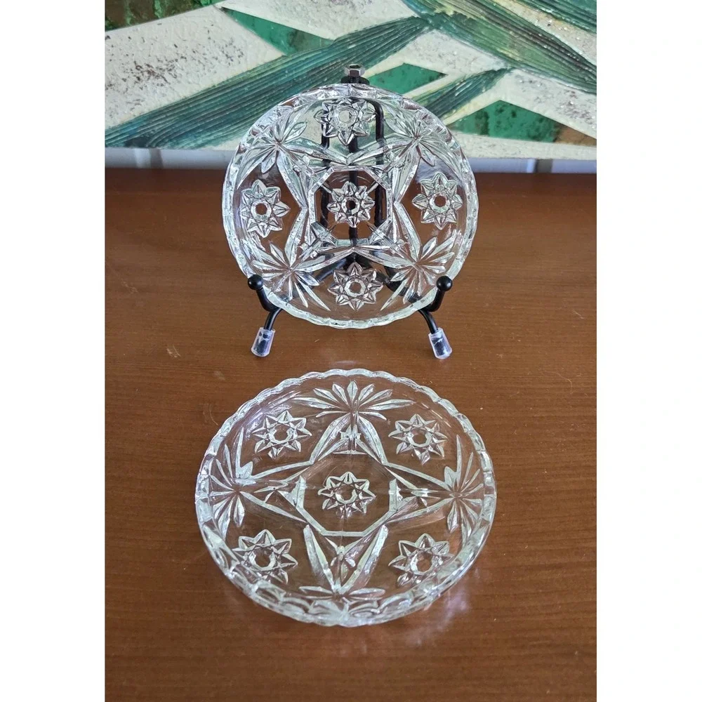 2‎ Anchor Hocking Star of David Crystal Drink Coasters Trinket Dishes Scalloped